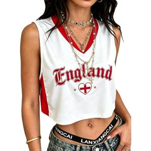 image:imageEXLURA Womens V Neck Graphic Print Crop Top Sleeveless Football Jersey Tank Top Y2K Sporty Summer Casual Shirt 2026 TrendyRed