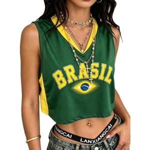 image:imageEXLURA Womens V Neck Graphic Print Crop Top Sleeveless Football Jersey Tank Top Y2K Sporty Summer Casual Shirt 2026 TrendyYellow