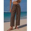 image:imageEXLURA Womens Summer Faux Linen Striped Barrel Pants Comfy Drawstring Capri Pant with Pockets Beach Vacation Lounge TrousersSolid Coffee
