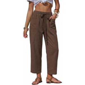 image:imageEXLURA Womens Summer Faux Linen Striped Barrel Pants Comfy Drawstring Capri Pant with Pockets Beach Vacation Lounge TrousersSolid Coffee
