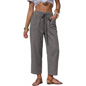 image:imageEXLURA Womens Summer Faux Linen Striped Barrel Pants Comfy Drawstring Capri Pant with Pockets Beach Vacation Lounge TrousersSolid Grey