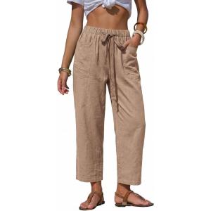 image:imageEXLURA Womens Summer Faux Linen Striped Barrel Pants Comfy Drawstring Capri Pant with Pockets Beach Vacation Lounge TrousersSolid Khaki