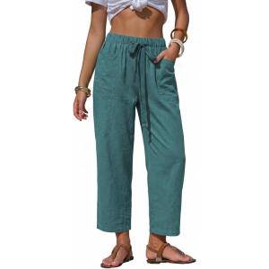 image:imageEXLURA Womens Summer Faux Linen Striped Barrel Pants Comfy Drawstring Capri Pant with Pockets Beach Vacation Lounge TrousersSolid Lake Blue