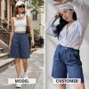image:imageEXLURA Women Bermuda Shorts Knee Length Cotton Faux Linen Shorts Work Office Outfits Summer Beach High Waisted Shorts PocketsNavy Blue