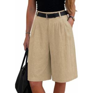 image:imageEXLURA Women Bermuda Shorts Knee Length Cotton Faux Linen Shorts Work Office Outfits Summer Beach High Waisted Shorts PocketsApricot