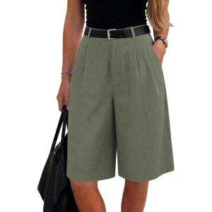 image:imageEXLURA Women Bermuda Shorts Knee Length Cotton Faux Linen Shorts Work Office Outfits Summer Beach High Waisted Shorts PocketsArmy Green