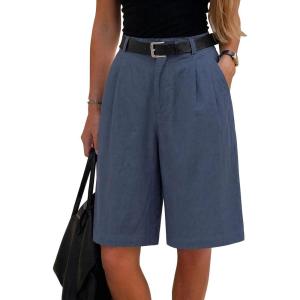 image:imageEXLURA Women Bermuda Shorts Knee Length Cotton Faux Linen Shorts Work Office Outfits Summer Beach High Waisted Shorts PocketsNavy Blue