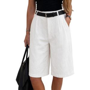 image:imageEXLURA Women Bermuda Shorts Knee Length Cotton Faux Linen Shorts Work Office Outfits Summer Beach High Waisted Shorts PocketsWhite