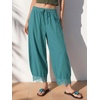image:imageEXLURA Women Cotton Lace Trim Wide Leg Pants Summer Casual Cropped Drawstring Elastic Waist Lightweight Trousers with PocketsLake Blue