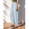 image:imageEXLURA Women Cotton Lace Trim Wide Leg Pants Summer Casual Cropped Drawstring Elastic Waist Lightweight Trousers with PocketsLight Blue
