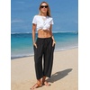 image:imageEXLURA Womens Cotton Faux Linen Gingham Barrel Capri Pants Plaid Palazzo Trousers Harem Pants Pockets Summer Beach VacationBlack