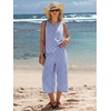 image:imageEXLURA Womens Summer 100 Cotton 2 Piece Outfits Striped Sleeveless Top Capri Wide Leg Pants Sets Faux Linen Beach VacationBlue White Plaid