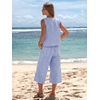 image:imageEXLURA Womens Summer 100 Cotton 2 Piece Outfits Striped Sleeveless Top Capri Wide Leg Pants Sets Faux Linen Beach VacationBlue White Plaid