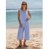 image:imageEXLURA Womens Summer 100 Cotton 2 Piece Outfits Striped Sleeveless Top Capri Wide Leg Pants Sets Faux Linen Beach VacationBlue White Plaid