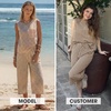 image:imageEXLURA Womens Summer 100 Cotton 2 Piece Outfits Striped Sleeveless Top Capri Wide Leg Pants Sets Faux Linen Beach VacationBrown White Plaid