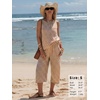 image:imageEXLURA Womens Summer 100 Cotton 2 Piece Outfits Striped Sleeveless Top Capri Wide Leg Pants Sets Faux Linen Beach VacationBrown White Plaid