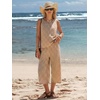 image:imageEXLURA Womens Summer 100 Cotton 2 Piece Outfits Striped Sleeveless Top Capri Wide Leg Pants Sets Faux Linen Beach VacationBrown White Plaid