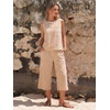 image:imageEXLURA Womens Summer 100 Cotton 2 Piece Outfits Striped Sleeveless Top Capri Wide Leg Pants Sets Faux Linen Beach VacationBrown White Plaid