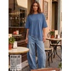 image:imageEXLURA Womens Summer Oversized Lace Trim T Shirts 2026 Casual Half Sleeve Asymmetrical Hem Tops Loose Crewneck Tunic BlouseBlue