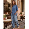 image:imageEXLURA Womens Summer Oversized Lace Trim T Shirts 2026 Casual Half Sleeve Asymmetrical Hem Tops Loose Crewneck Tunic BlouseBlue