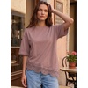 image:imageEXLURA Womens Summer Oversized Lace Trim T Shirts 2026 Casual Half Sleeve Asymmetrical Hem Tops Loose Crewneck Tunic BlouseBrown