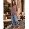 image:imageEXLURA Womens Summer Oversized Lace Trim T Shirts 2026 Casual Half Sleeve Asymmetrical Hem Tops Loose Crewneck Tunic BlouseBrown