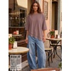 image:imageEXLURA Womens Summer Oversized Lace Trim T Shirts 2026 Casual Half Sleeve Asymmetrical Hem Tops Loose Crewneck Tunic BlouseBrown