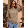 image:imageEXLURA Womens Summer Oversized Lace Trim T Shirts 2026 Casual Half Sleeve Asymmetrical Hem Tops Loose Crewneck Tunic BlouseKhaki