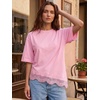 image:imageEXLURA Womens Summer Oversized Lace Trim T Shirts 2026 Casual Half Sleeve Asymmetrical Hem Tops Loose Crewneck Tunic BlousePink