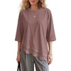image:imageEXLURA Womens Summer Oversized Lace Trim T Shirts 2026 Casual Half Sleeve Asymmetrical Hem Tops Loose Crewneck Tunic BlouseBrown