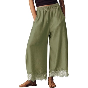 image:imageEXLURA Women Cotton Lace Trim Wide Leg Pants Summer Casual Cropped Drawstring Elastic Waist Lightweight Trousers with PocketsArmy Green