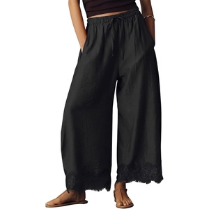 image:imageEXLURA Women Cotton Lace Trim Wide Leg Pants Summer Casual Cropped Drawstring Elastic Waist Lightweight Trousers with PocketsBlack