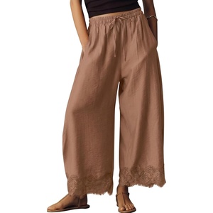 image:imageEXLURA Women Cotton Lace Trim Wide Leg Pants Summer Casual Cropped Drawstring Elastic Waist Lightweight Trousers with PocketsBrown