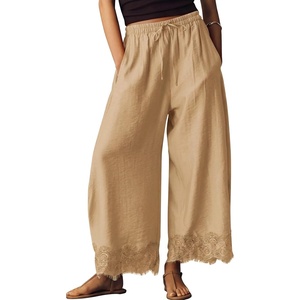 image:imageEXLURA Women Cotton Lace Trim Wide Leg Pants Summer Casual Cropped Drawstring Elastic Waist Lightweight Trousers with PocketsKhaki