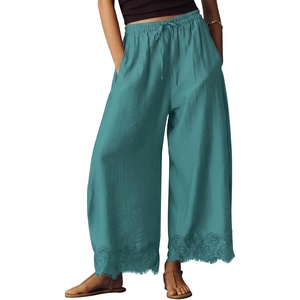 image:imageEXLURA Women Cotton Lace Trim Wide Leg Pants Summer Casual Cropped Drawstring Elastic Waist Lightweight Trousers with PocketsLake Blue
