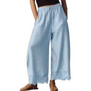 image:imageEXLURA Women Cotton Lace Trim Wide Leg Pants Summer Casual Cropped Drawstring Elastic Waist Lightweight Trousers with PocketsLight Blue
