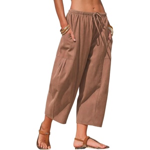 image:imageEXLURA Womens Cotton Faux Linen Gingham Barrel Capri Pants Plaid Palazzo Trousers Harem Pants Pockets Summer Beach VacationCoffee