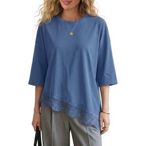 image:imageEXLURA Womens Summer Oversized Lace Trim T Shirts 2026 Casual Half Sleeve Asymmetrical Hem Tops Loose Crewneck Tunic BlouseBlue