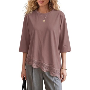 image:imageEXLURA Womens Summer Oversized Lace Trim T Shirts 2026 Casual Half Sleeve Asymmetrical Hem Tops Loose Crewneck Tunic BlouseBrown