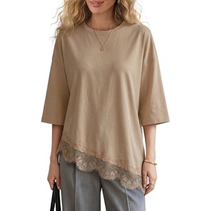 image:imageEXLURA Womens Summer Oversized Lace Trim T Shirts 2026 Casual Half Sleeve Asymmetrical Hem Tops Loose Crewneck Tunic BlouseKhaki