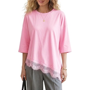 image:imageEXLURA Womens Summer Oversized Lace Trim T Shirts 2026 Casual Half Sleeve Asymmetrical Hem Tops Loose Crewneck Tunic BlousePink