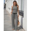 image:imageEXLURA Womens Cotton Summer 2 Piece Outfits Striped Halter Tops Matching Wide Leg Pant Sets Lounge Tracksuits Vacation TravelBlack Grey