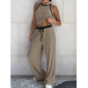 image:imageEXLURA Womens Cotton Summer 2 Piece Outfits Striped Halter Tops Matching Wide Leg Pant Sets Lounge Tracksuits Vacation TravelBlack Khaki