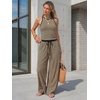 image:imageEXLURA Womens Cotton Summer 2 Piece Outfits Striped Halter Tops Matching Wide Leg Pant Sets Lounge Tracksuits Vacation TravelBlack Khaki