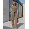 image:imageEXLURA Womens Cotton Summer 2 Piece Outfits Striped Halter Tops Matching Wide Leg Pant Sets Lounge Tracksuits Vacation TravelBlack Khaki