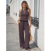 image:imageEXLURA Womens Cotton Summer 2 Piece Outfits Striped Halter Tops Matching Wide Leg Pant Sets Lounge Tracksuits Vacation TravelBlue Brown