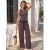 image:imageEXLURA Womens Cotton Summer 2 Piece Outfits Striped Halter Tops Matching Wide Leg Pant Sets Lounge Tracksuits Vacation TravelBlue Brown