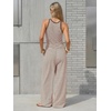 image:imageEXLURA Womens Cotton Summer 2 Piece Outfits Striped Halter Tops Matching Wide Leg Pant Sets Lounge Tracksuits Vacation TravelCoffee Brown