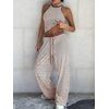 image:imageEXLURA Womens Cotton Summer 2 Piece Outfits Striped Halter Tops Matching Wide Leg Pant Sets Lounge Tracksuits Vacation TravelCoffee Brown