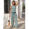 image:imageEXLURA Womens Cotton Summer 2 Piece Outfits Striped Halter Tops Matching Wide Leg Pant Sets Lounge Tracksuits Vacation TravelGreen